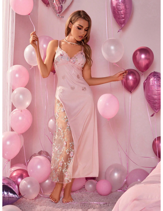 Camisón De Malla Bordado De Flores De Mujers Con Parches