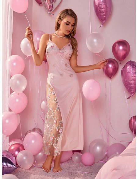 Camisón De Malla Bordado De Flores De Mujers Con Parches