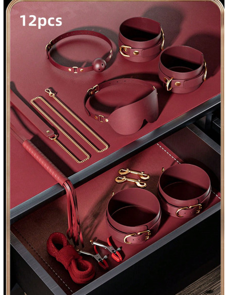 Conjunto Bdsm De 12 Piezas De Juguetes Sexuales De PU Rojo Divertidos Suministros Sm Para Parejas, Ataduras Y Clips Para El