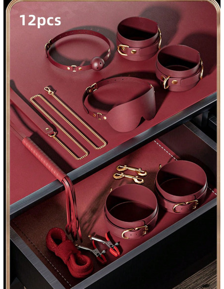 Conjunto Bdsm De 12 Piezas De Juguetes Sexuales De PU Rojo Divertidos Suministros Sm Para Parejas, Ataduras Y Clips Para El
