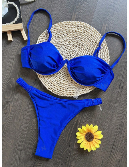 Conjunto De Traje De Baño Azul Con Anillo De Acero Y Pliegues Divididos