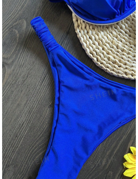 Conjunto De Traje De Baño Azul Con Anillo De Acero Y Pliegues Divididos