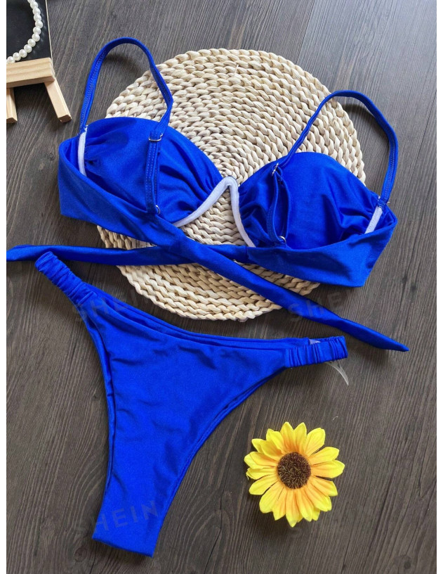 Conjunto De Traje De Baño Azul Con Anillo De Acero Y Pliegues Divididos