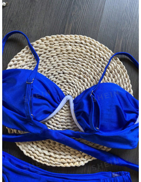 Conjunto De Traje De Baño Azul Con Anillo De Acero Y Pliegues Divididos