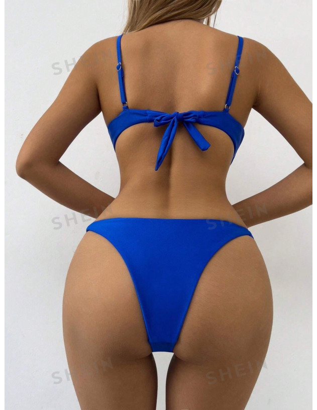 Conjunto De Traje De Baño Azul Con Anillo De Acero Y Pliegues Divididos