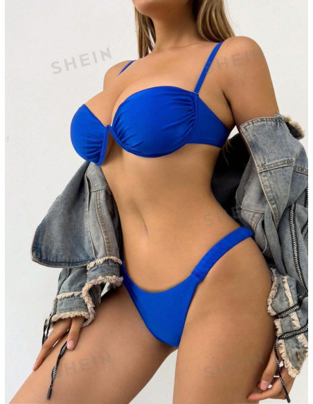 Conjunto De Traje De Baño Azul Con Anillo De Acero Y Pliegues Divididos