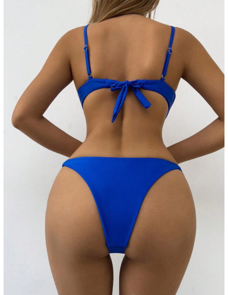 Conjunto De Traje De Baño Azul Con Anillo De Acero Y Pliegues Divididos