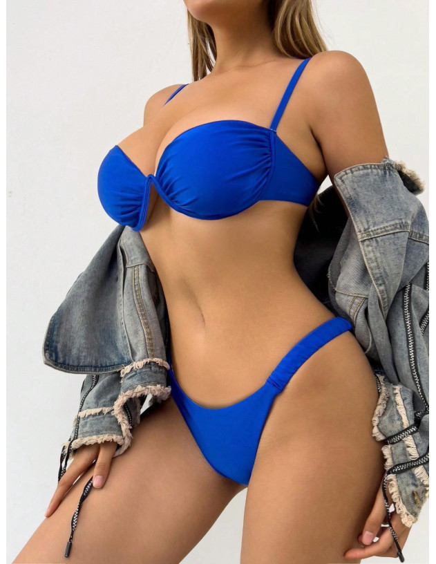 Conjunto De Traje De Baño Azul Con Anillo De Acero Y Pliegues Divididos