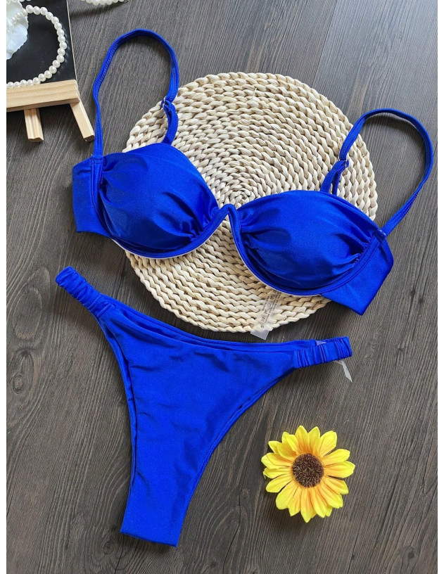 Conjunto De Traje De Baño Azul Con Anillo De Acero Y Pliegues Divididos