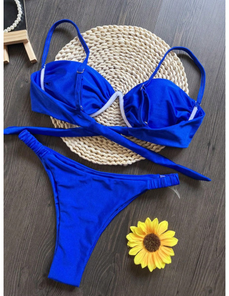 Conjunto De Traje De Baño Azul Con Anillo De Acero Y Pliegues Divididos