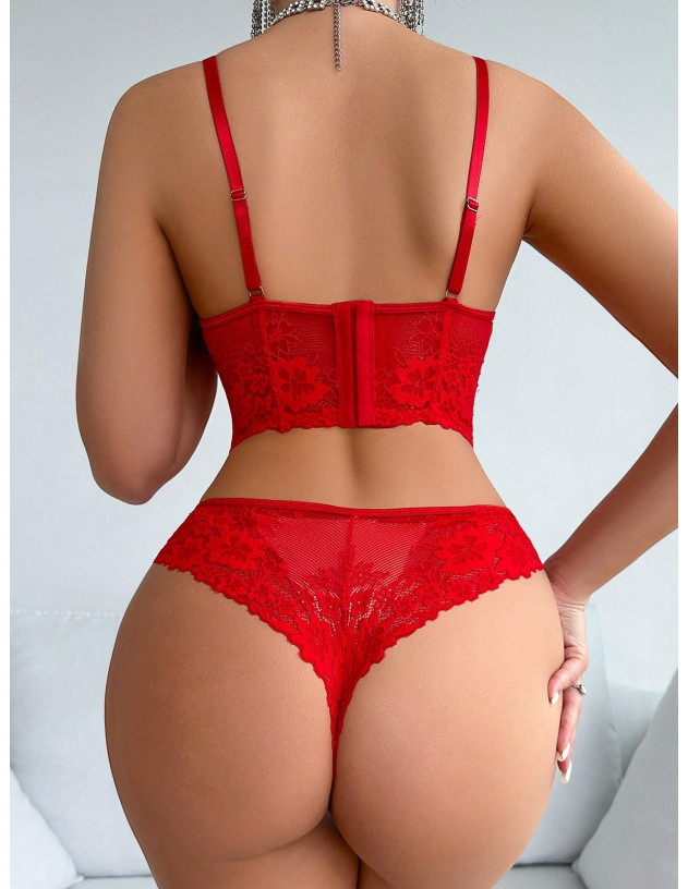 SHEIN Conjunto De Lencería Sexy De Encaje Para Mujer Con Aros