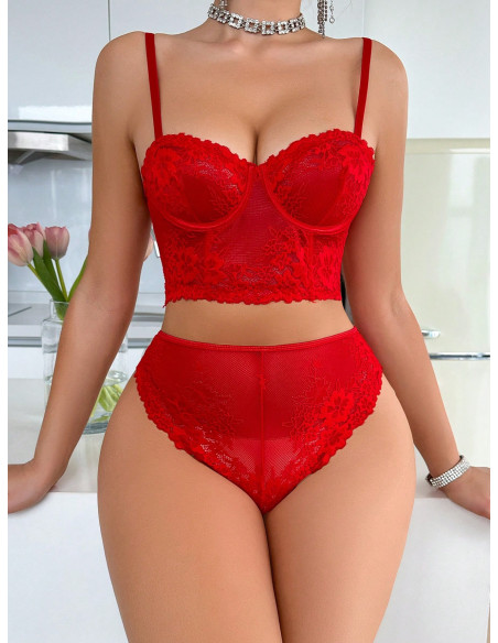 SHEIN Conjunto De Lencería Sexy De Encaje Para Mujer Con Aros