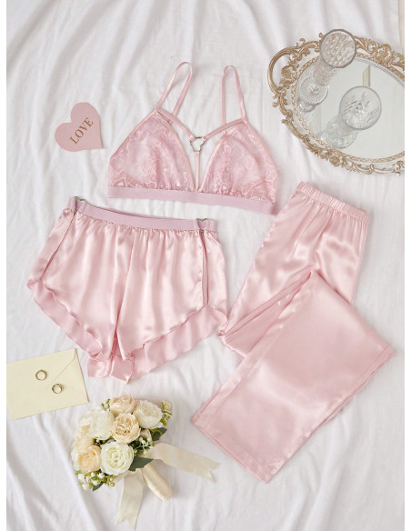 Conjunto De Camisola De Encaje, Shorts Y Pantalones De Satén Para Pijama, Con 3 Piezas Por Conjunto