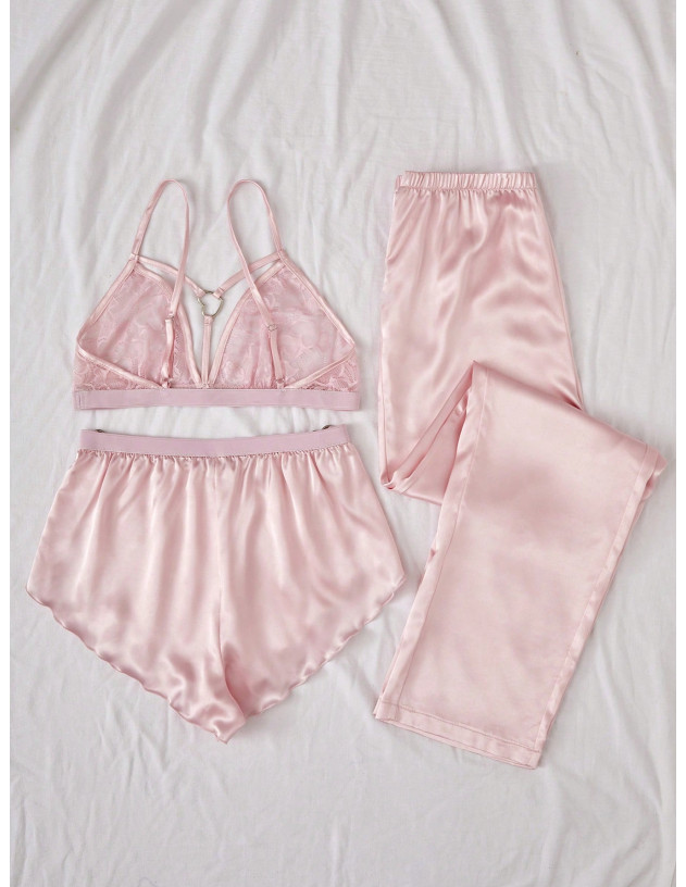 Conjunto De Camisola De Encaje, Shorts Y Pantalones De Satén Para Pijama, Con 3 Piezas Por Conjunto