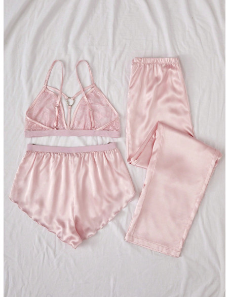 Conjunto De Camisola De Encaje, Shorts Y Pantalones De Satén Para Pijama, Con 3 Piezas Por Conjunto