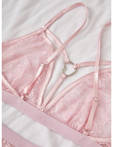 Conjunto De Camisola De Encaje, Shorts Y Pantalones De Satén Para Pijama, Con 3 Piezas Por Conjunto