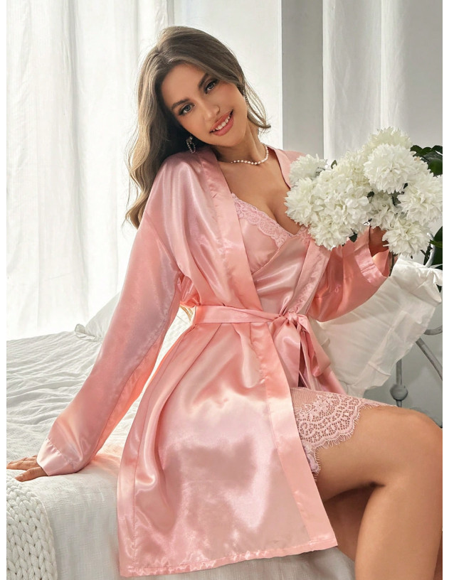 Conjunto De Ropa De Dormir De Mujer: Bata De Manga Larga Y Vestido De Tirantes De Encaje Con Parche De Color Sólido