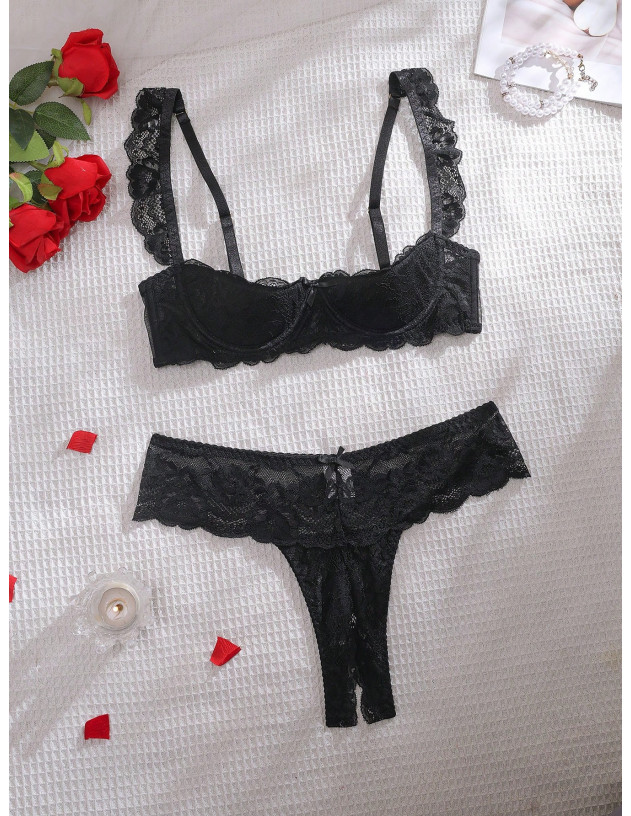 Conjunto De Sujetador De Encaje Sexy Para Mujeres Con Aros Y Borde Floral