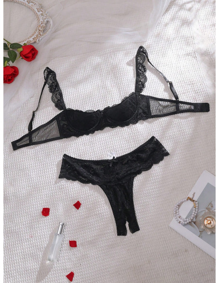 Conjunto De Sujetador De Encaje Sexy Para Mujeres Con Aros Y Borde Floral