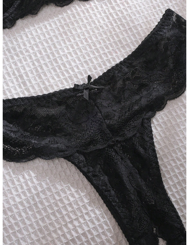 Conjunto De Sujetador De Encaje Sexy Para Mujeres Con Aros Y Borde Floral