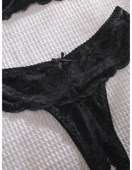 Conjunto De Sujetador De Encaje Sexy Para Mujeres Con Aros Y Borde Floral