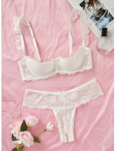 Conjunto De Sujetador De Encaje Sexy Para Mujeres Con Aros Y Borde Floral