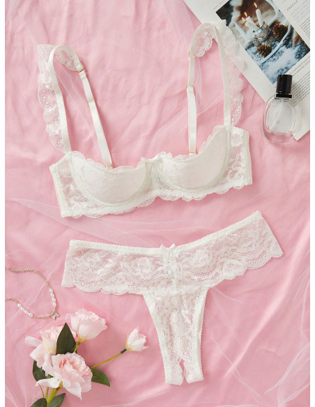 Conjunto De Sujetador De Encaje Sexy Para Mujeres Con Aros Y Borde Floral