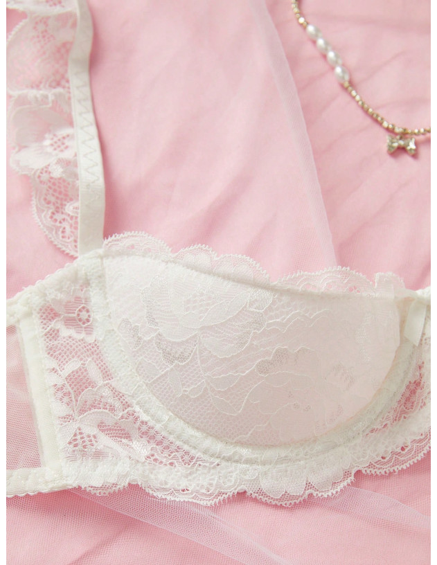 Conjunto De Sujetador De Encaje Sexy Para Mujeres Con Aros Y Borde Floral