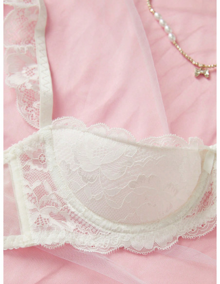 Conjunto De Sujetador De Encaje Sexy Para Mujeres Con Aros Y Borde Floral