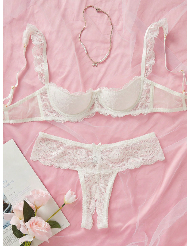 Conjunto De Sujetador De Encaje Sexy Para Mujeres Con Aros Y Borde Floral