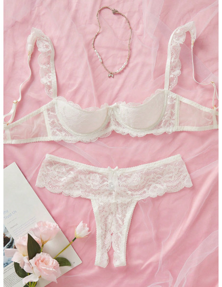 Conjunto De Sujetador De Encaje Sexy Para Mujeres Con Aros Y Borde Floral