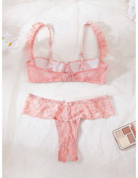 Conjunto De Sujetador De Encaje Sexy Para Mujeres Con Aros Y Borde Floral