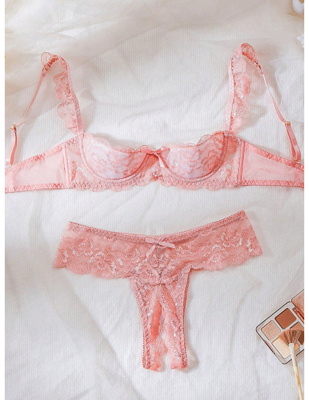 Conjunto De Sujetador De Encaje Sexy Para Mujeres Con Aros Y Borde Floral