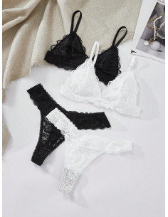 Classic Sexy Conjunto De Sujetador Inalámbrico Y Tanga Sexy De Encaje Para Mujer, 2 Piezas/set