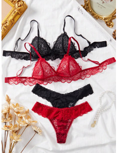 Classic Sexy Conjunto De Sujetador Inalámbrico Y Tanga Sexy De Encaje Para Mujer, 2 Piezas/set 2