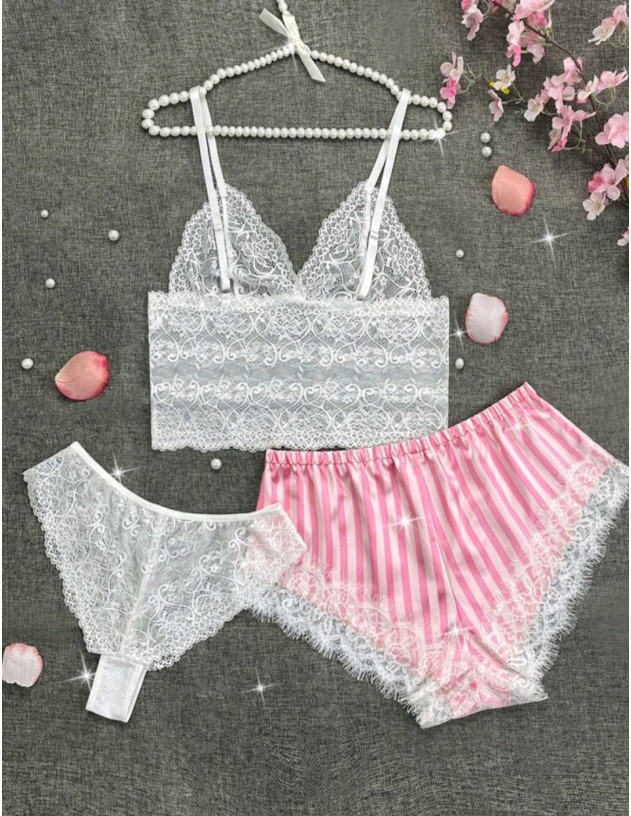 3 piezas conjunto de encaje y short...