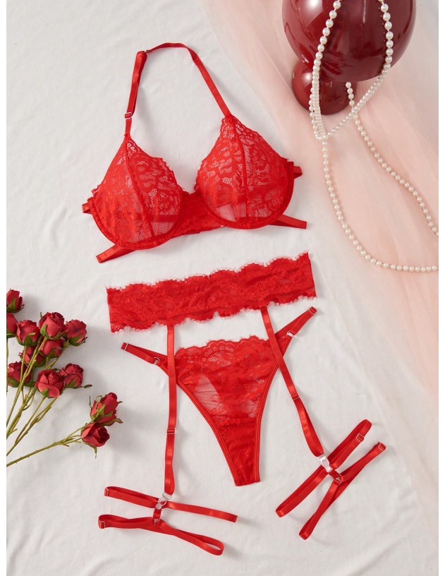 Set de ropa interior femenina sexy de 5 piezas con encaje de pestañas y anillo de acero