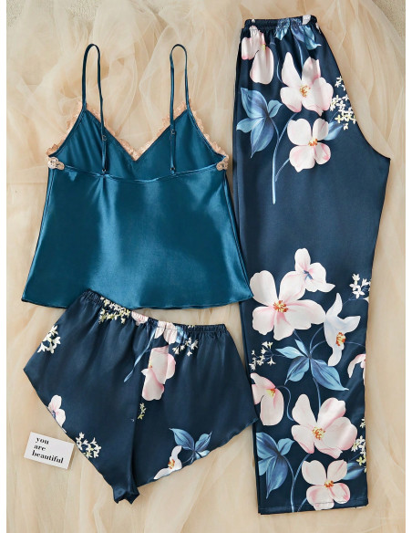 Conjunto De Ropa De Dormir De 3 Piezas Para Mujeres Con Ribete De Encaje De Color Contrastado, Estampado Floral Y Tela De