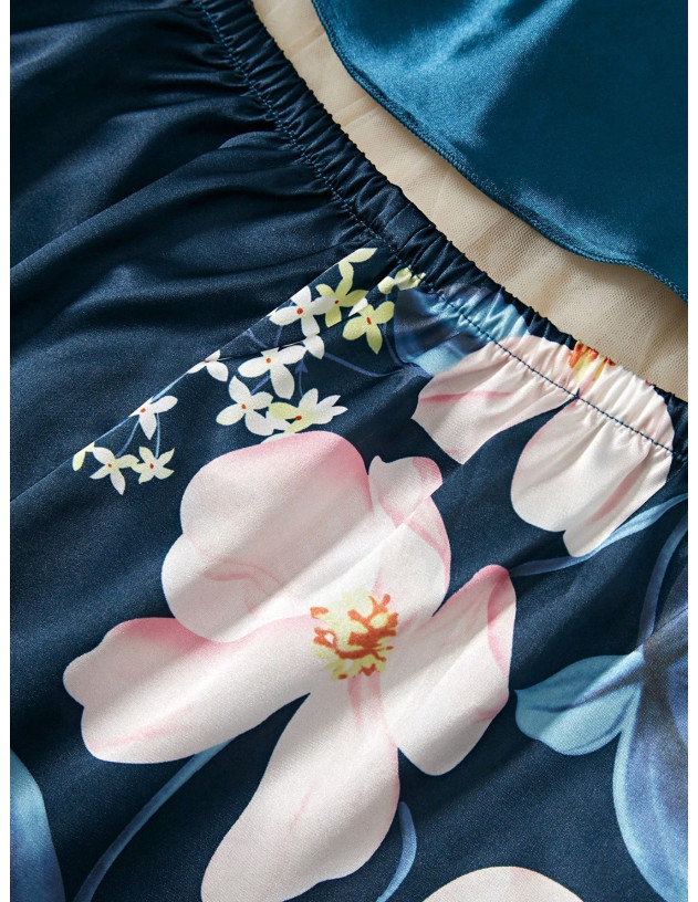 Conjunto De Ropa De Dormir De 3 Piezas Para Mujeres Con Ribete De Encaje De Color Contrastado, Estampado Floral Y Tela De