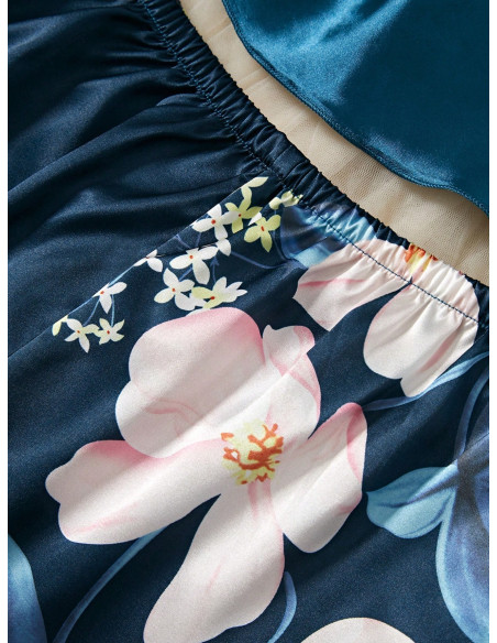 Conjunto De Ropa De Dormir De 3 Piezas Para Mujeres Con Ribete De Encaje De Color Contrastado, Estampado Floral Y Tela De