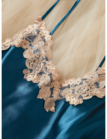 Conjunto De Ropa De Dormir De 3 Piezas Para Mujeres Con Ribete De Encaje De Color Contrastado, Estampado Floral Y Tela De