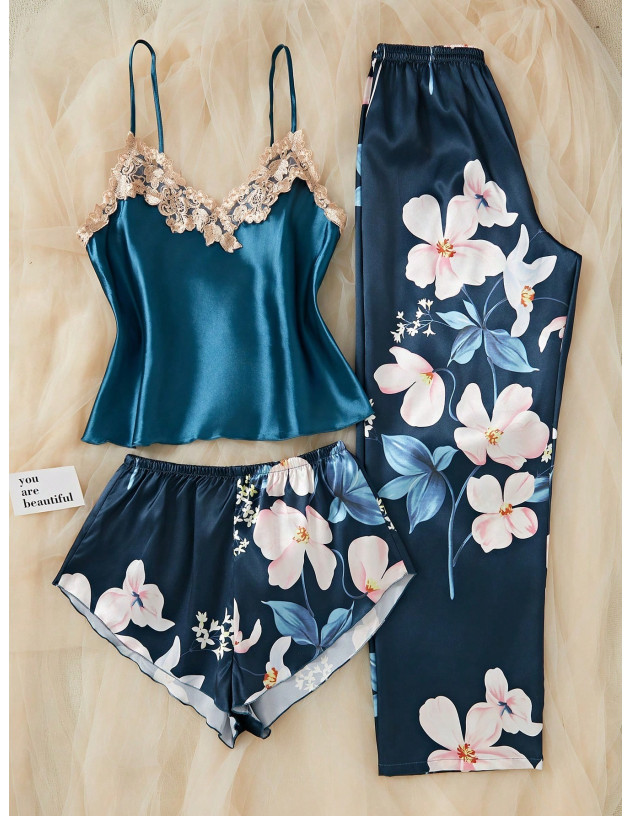 Conjunto De Ropa De Dormir De 3 Piezas Para Mujeres Con Ribete De Encaje De Color Contrastado, Estampado Floral Y Tela De