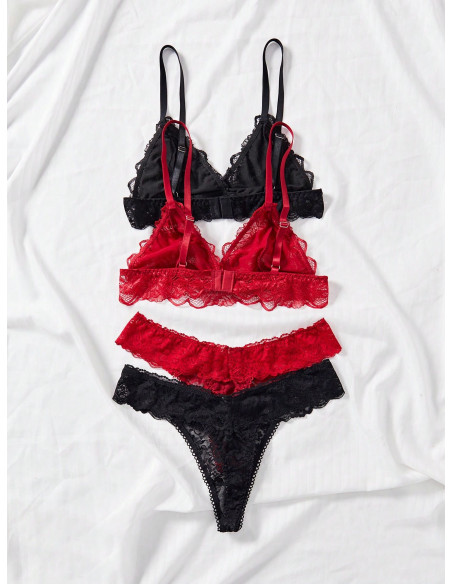 Classic Sexy Conjunto De Sujetador Inalámbrico Y Tanga Sexy De Encaje Para Mujer, 2 Piezas/set