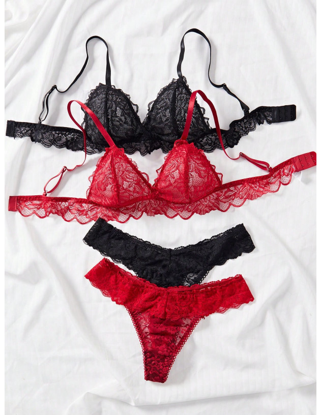 Classic Sexy Conjunto De Sujetador Inalámbrico Y Tanga Sexy De Encaje Para Mujer, 2 Piezas/set