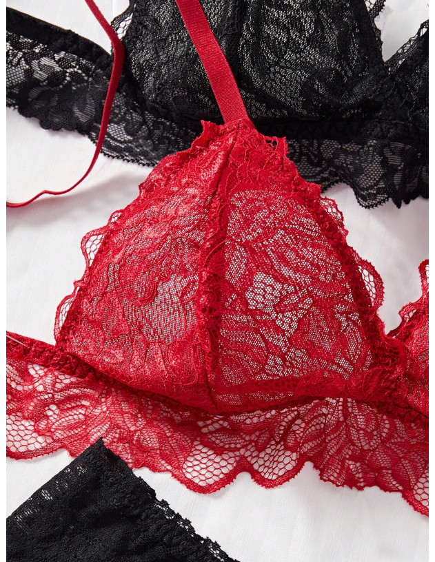 Classic Sexy Conjunto De Sujetador Inalámbrico Y Tanga Sexy De Encaje Para Mujer, 2 Piezas/set