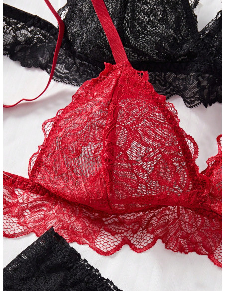 Classic Sexy Conjunto De Sujetador Inalámbrico Y Tanga Sexy De Encaje Para Mujer, 2 Piezas/set