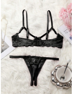 Conjunto de lencería sexy de encaje para mujeres con borde floral bordado 2