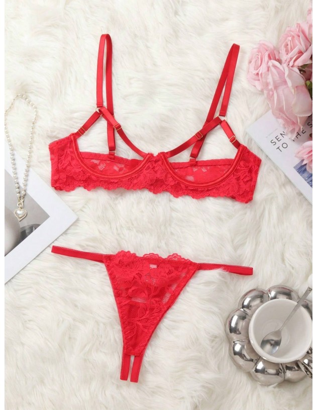 Conjunto de lencería sexy de encaje para mujeres con borde floral bordado