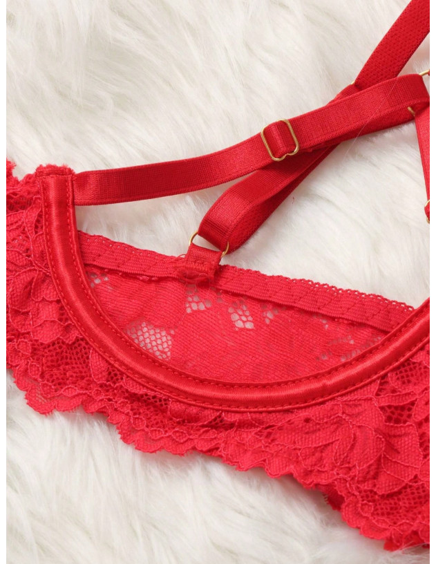 Conjunto de lencería sexy de encaje para mujeres con borde floral bordado