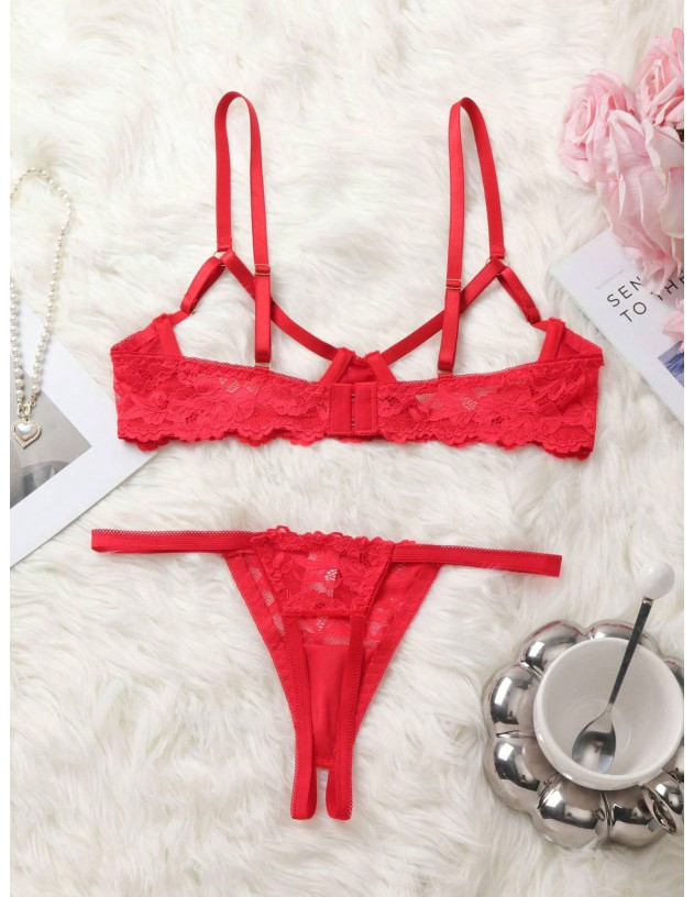 Conjunto de lencería sexy de encaje para mujeres con borde floral bordado